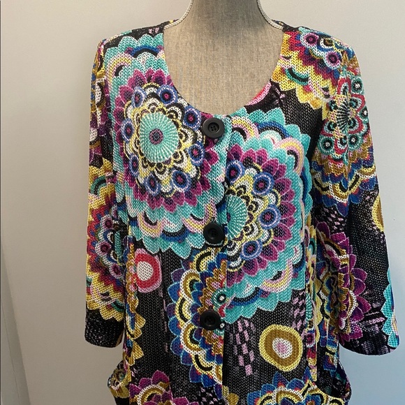 Joseph Ribkoff Multi-Colour Mandala Print Mesh Cardigan Size Large Artsy Boho - Picture 2 of 15